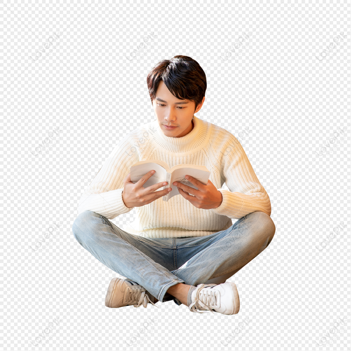Male sitting on library floor and reading book, young, leisure office, book png white transparent