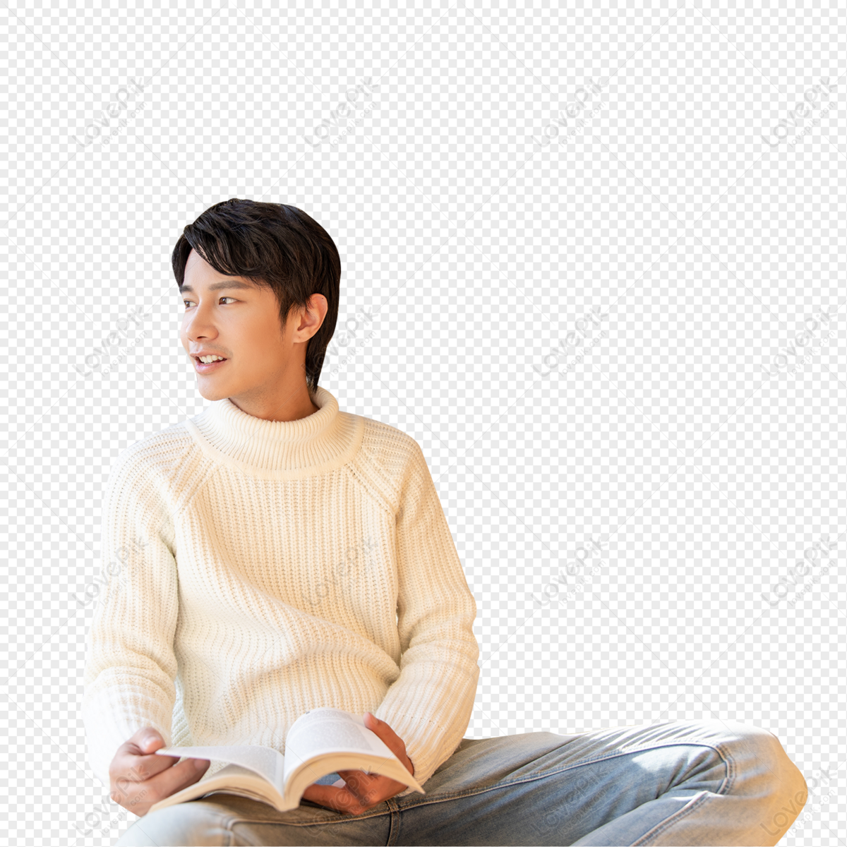 Male sitting on library floor and reading book, young, leisure office, book png transparent image