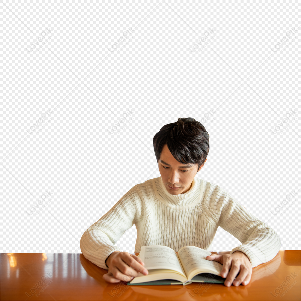 Young male sitting in library reading books, young, reading materials, book png white transparent