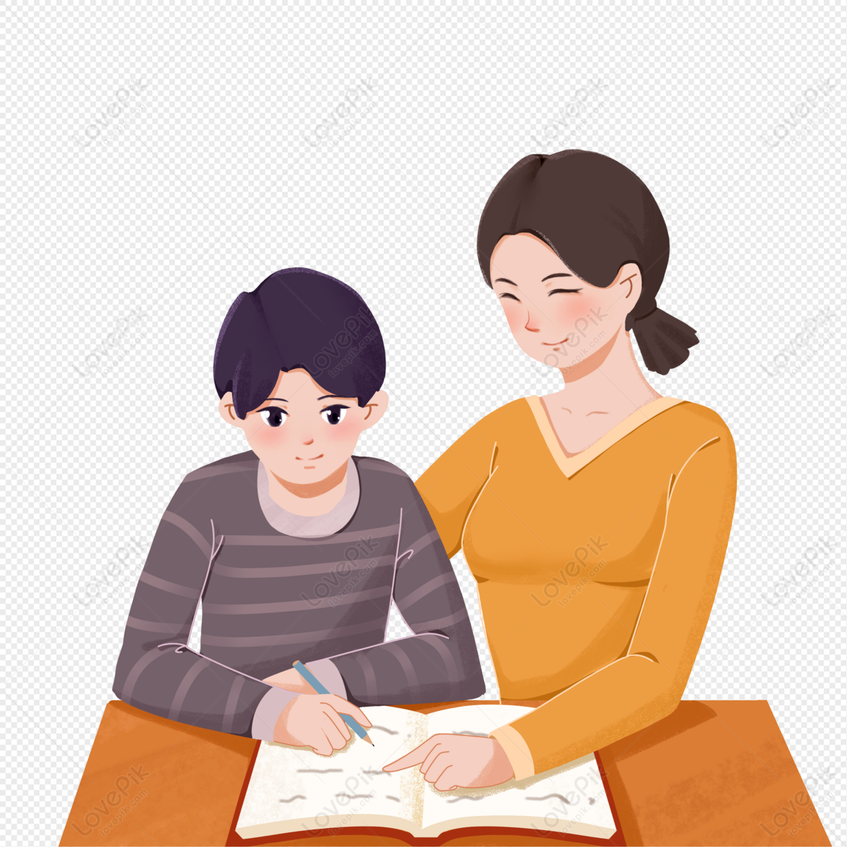 Mom tutors children to write homework, parent-child relationship, and homework, mom and children png image