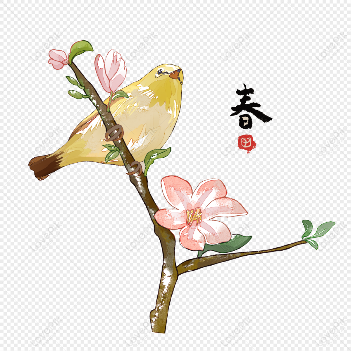 A Branch Of Flowers And Birds Cartoon Drawing Style PNG Images | PSD Free  Download - Pikbest