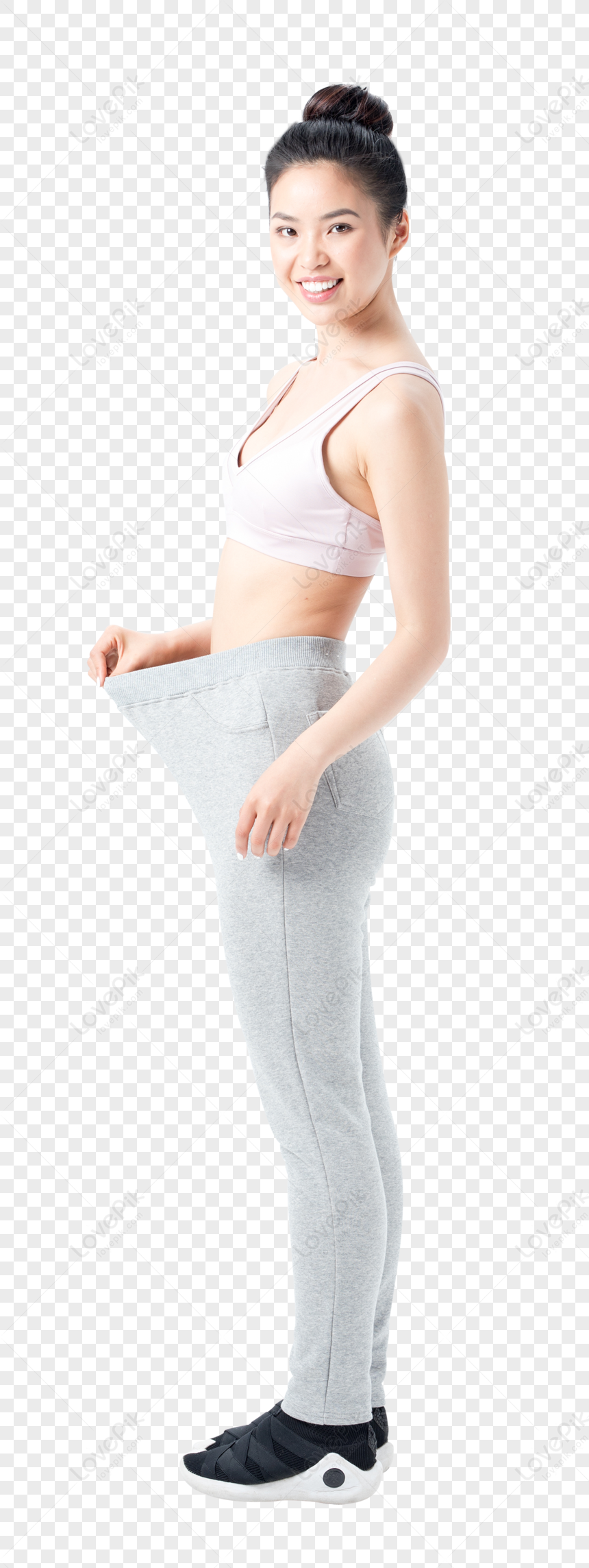 Slim Girl Have Points at Slim Waist in Big Trousers, Successful Weight Loss,  Isolated on Gray Background. Successful Stock Image - Image of female, diet:  305121735