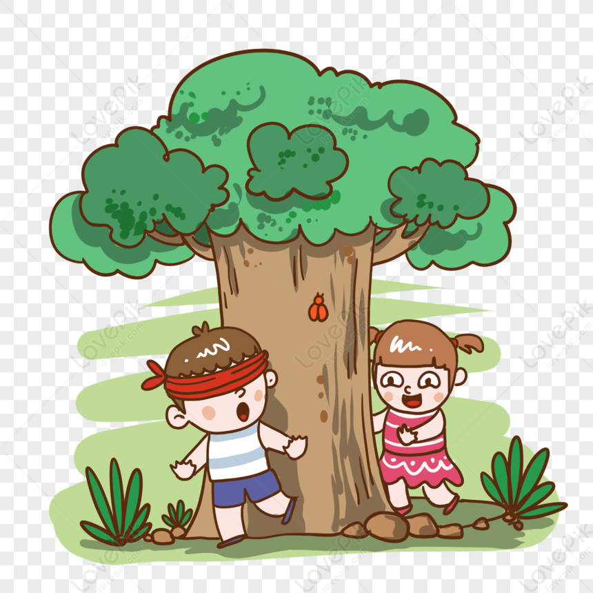 Boys And Girls Playing Hide And Seek Under Big Trees In Summer, Tree ...