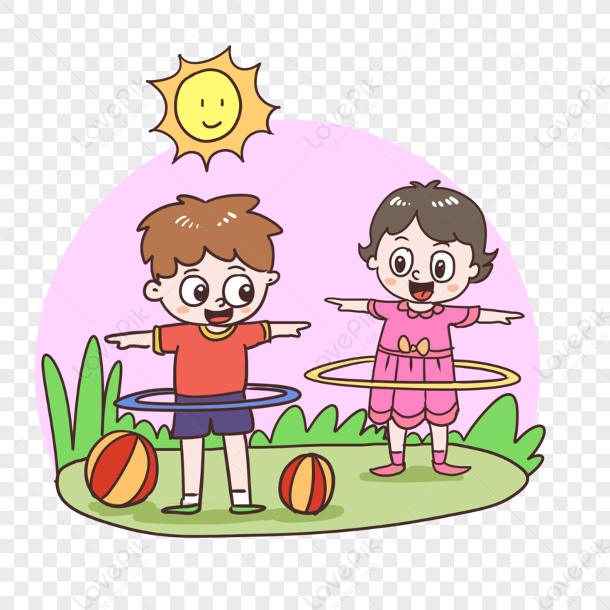 Children Turning Hula Hoops, Children Vector, Pink Sun, Children ...