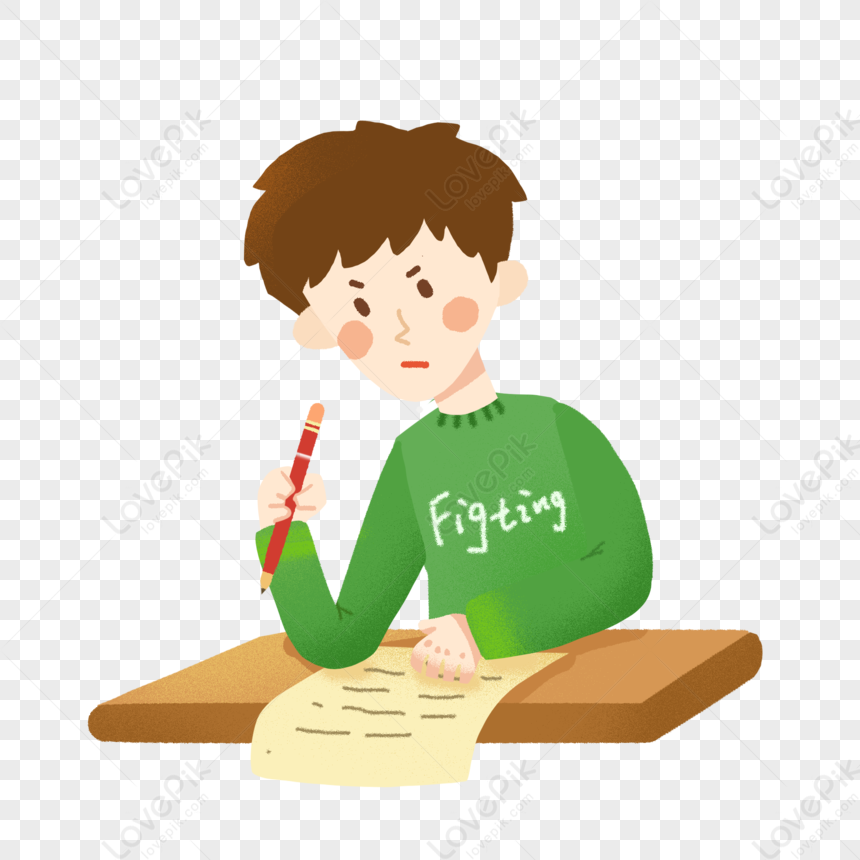Student Who Takes The Test Paper, Boy Writing, Light Maroon, Green ...