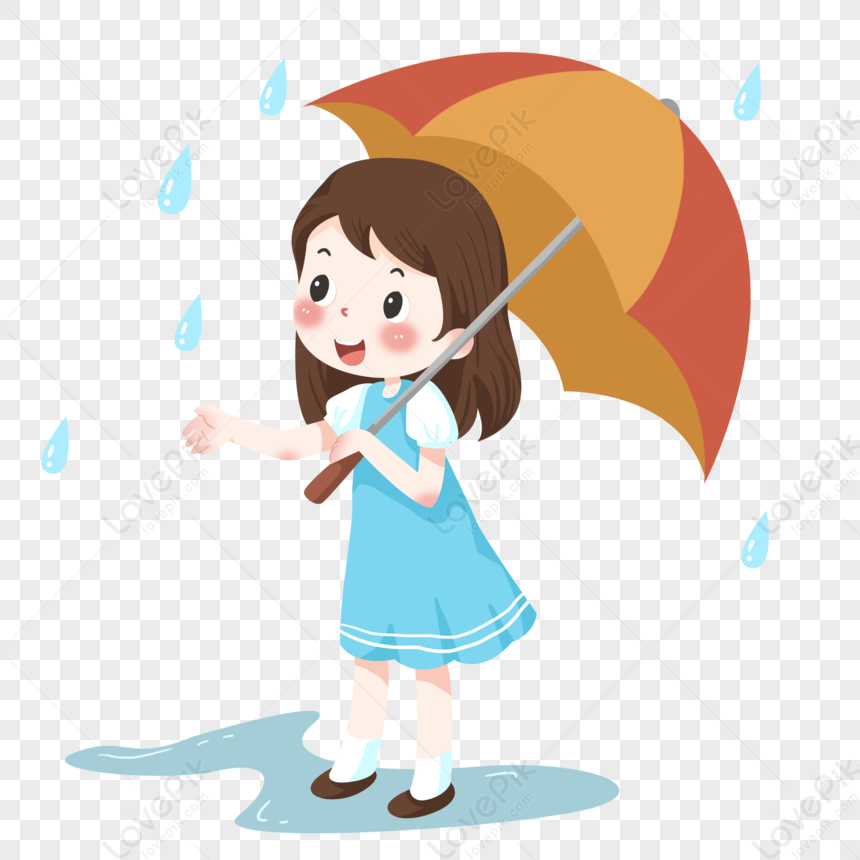Girl In Summer Dress With Umbrella In Rainy Day, Material, Girl With ...