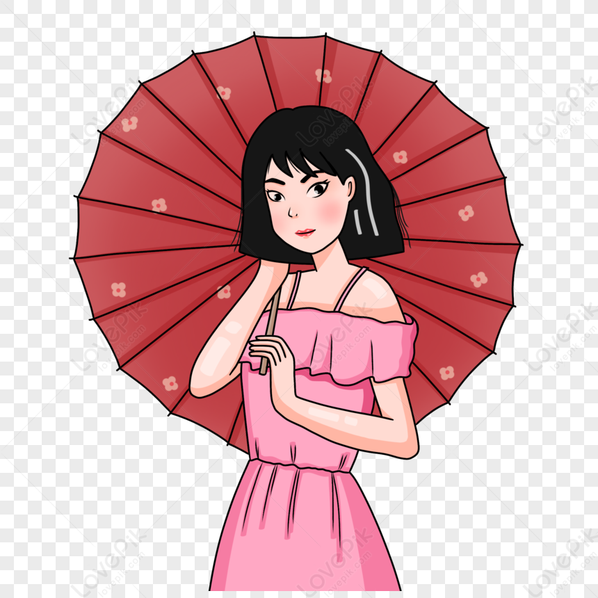 Hand Painted Japanese Girl Holding Umbrella Character Image PNG ...