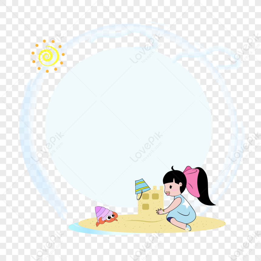 Cute Girl Beach Sand Castle Vector Border, Sand, Castle Border, Beach ...