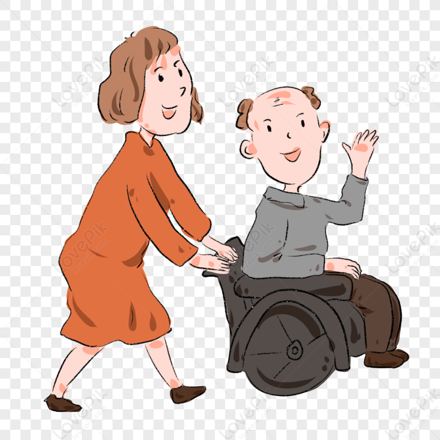 Hand Drawn Cartoon Daughter Pushing Dad Pension Cartoon PNG Image And ...