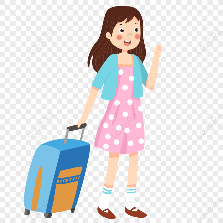 Hand Drawn Girl Waving Her Suitcase, Dark Girl, Girl Travel, Girl ...