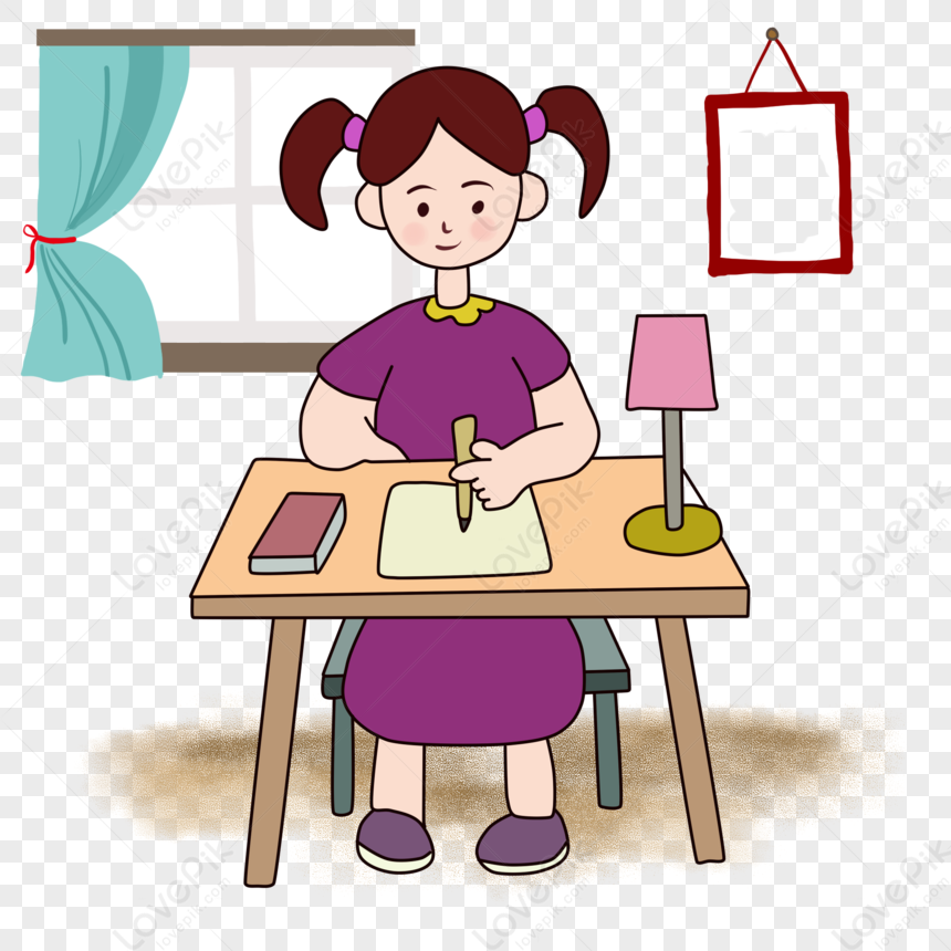 Girl Studying Hard, Girl Writing, Girl Purple, Girl Sitting PNG Image ...