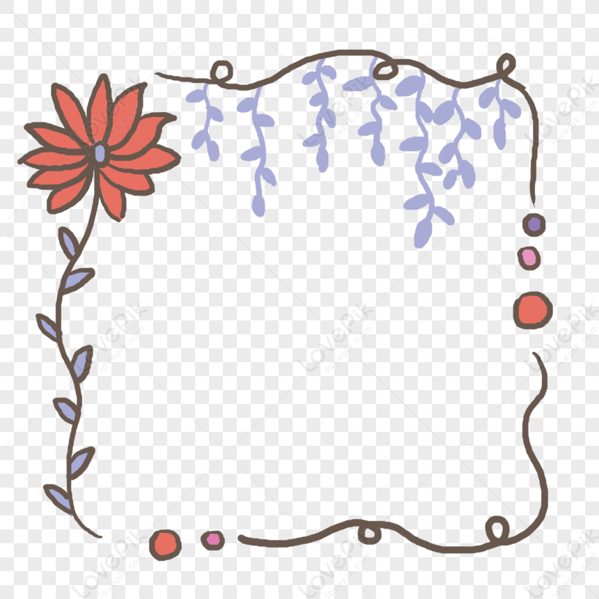 Hand Drawn Red Flowers Blue Vines Border, Floral Red, Line Red, Light ...