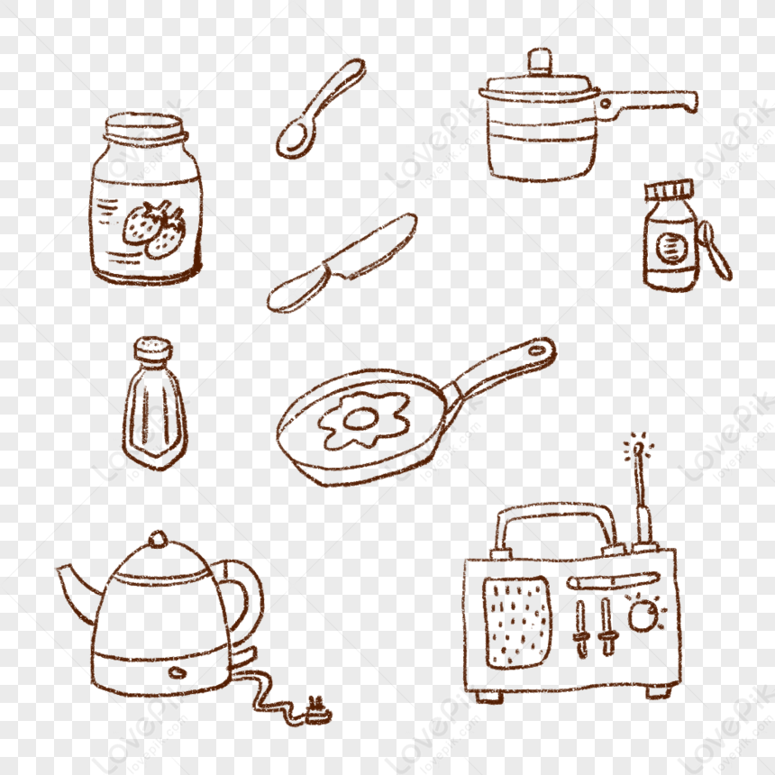 Kitchen Tools Ink Clipart Set Cooking Utensils Line Drawings, Hi