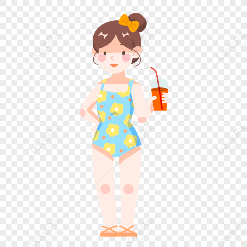 Summer Summer Solstice Girl Wearing Swimsuit Drinking Juice PNG ...