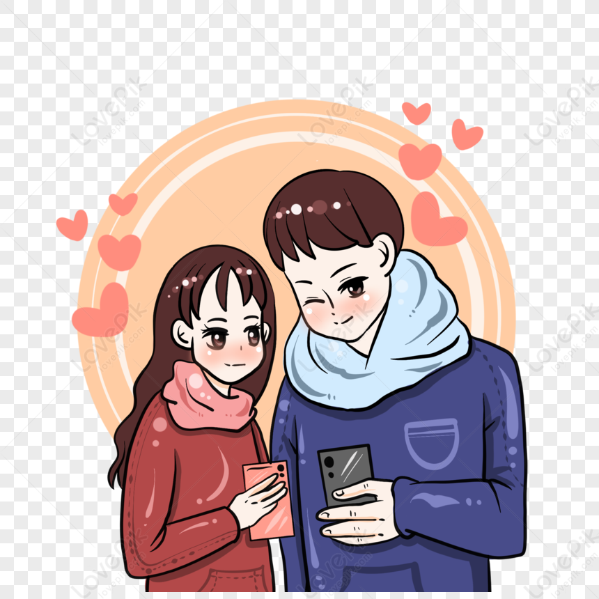 Cartoon Hand Drawn Valentines Day Couple Playing With Mobile Ph ...