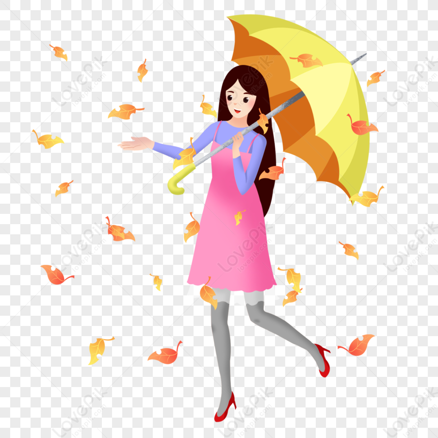 Cartoon Girl Playing Umbrella In The Autumn PNG Image Free Download And ...
