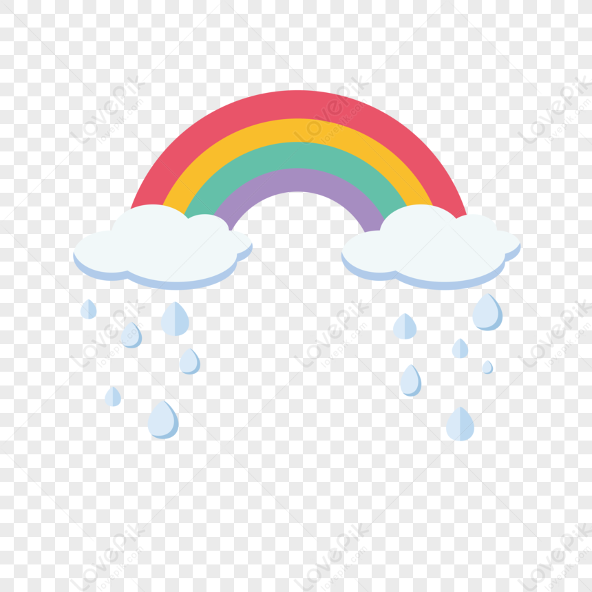 Rainy Day Rainbow Flat Illustration, Rain, Flat, Raindrops Free Png And 