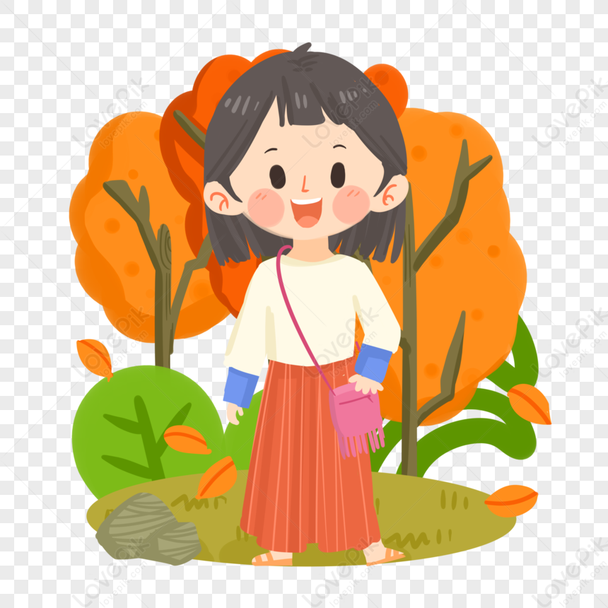 Autumn Cartoon Girl Goes To The Park PNG Free Download And Clipart ...