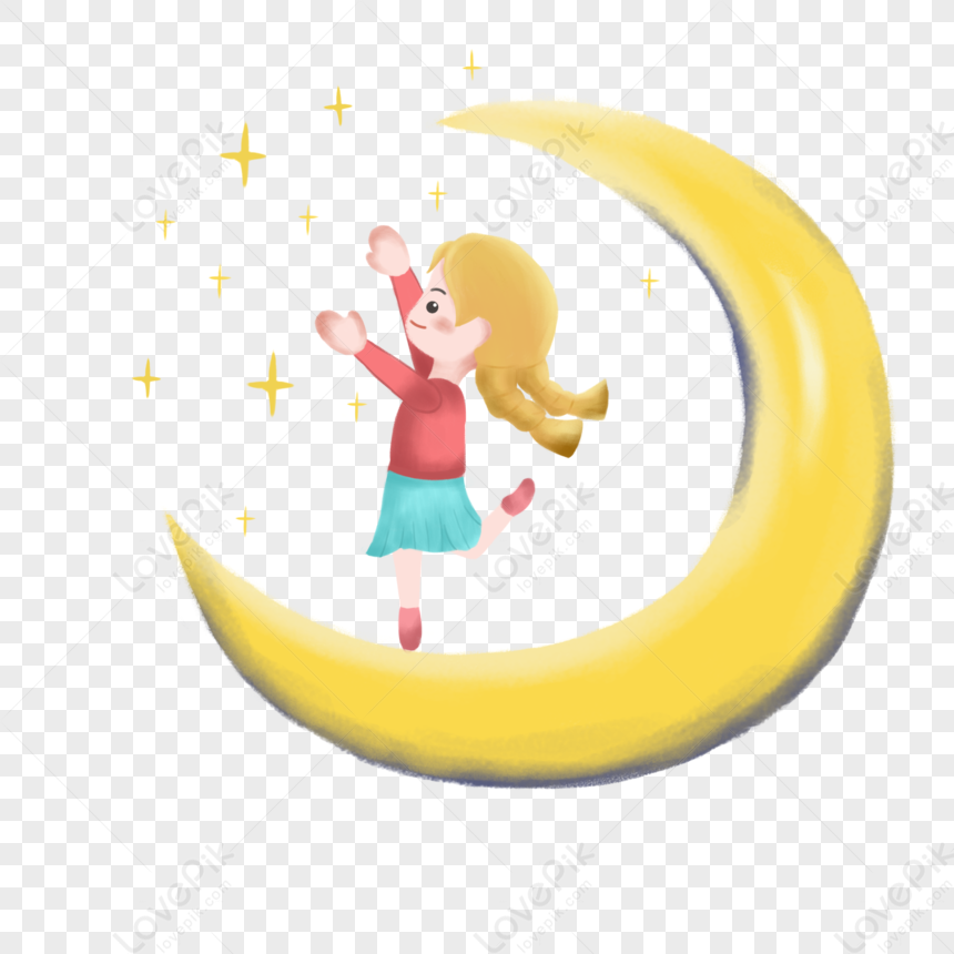 Hand Drawn Girl Catching Stars On The Moon, Material, Catching Star ...