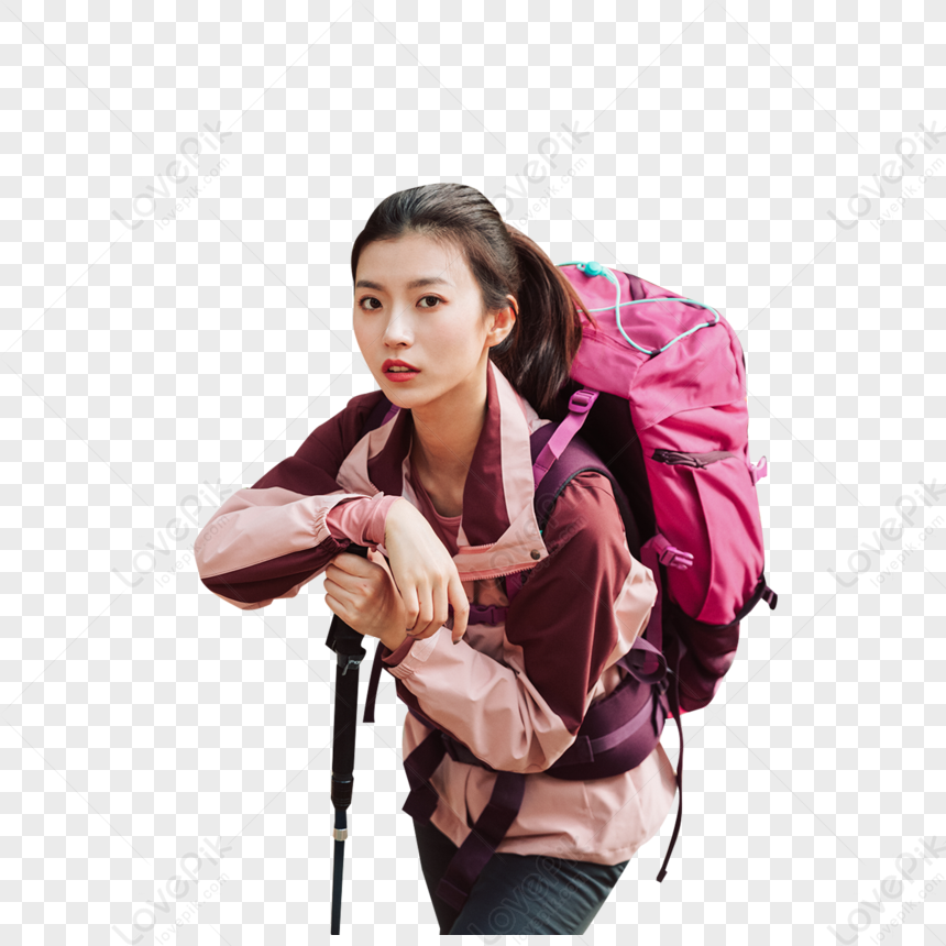 Female Figure Climbing Mountain With Trekking Pole PNG White ...