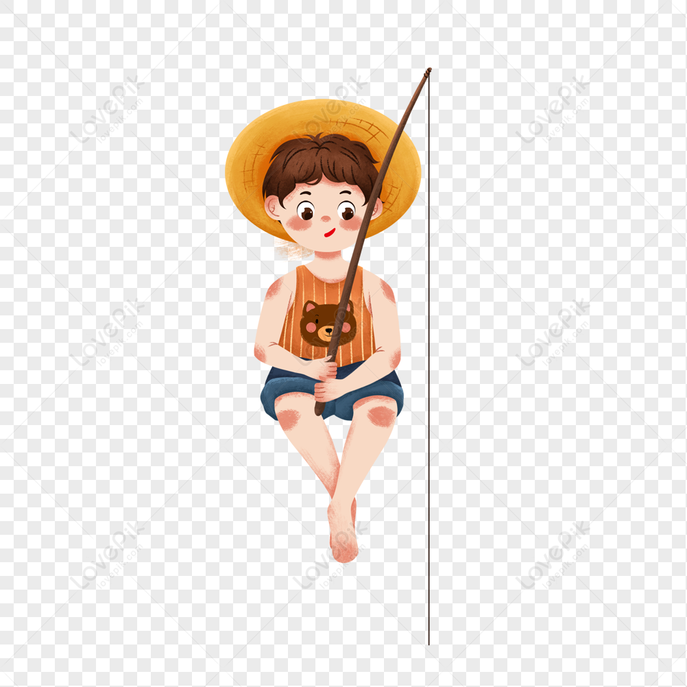 Fishing Straw Hat Boy, Cartoon Red, Cartoon Fishing, Boy Cartoon