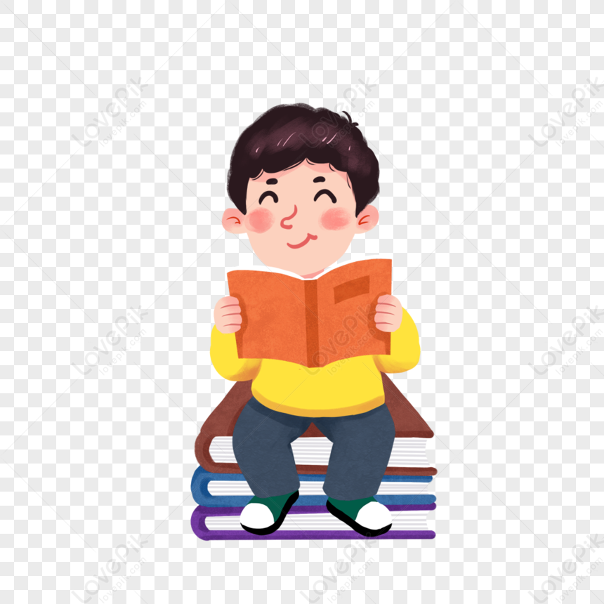 Boy Sitting On A Book And Reading PNG Free Download And Clipart Image ...