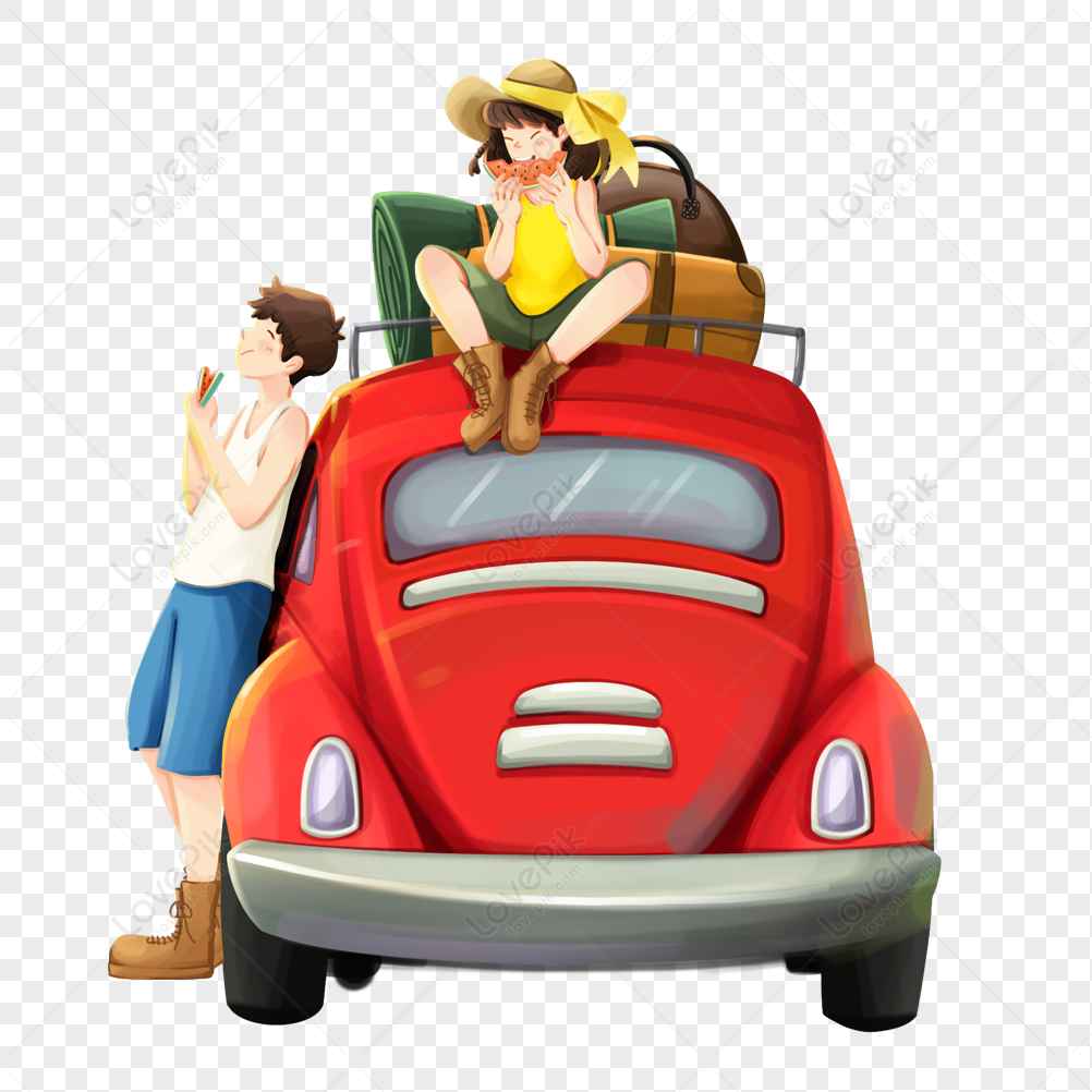 Couple traveling on vacation, eating watermelon, red car, car png white transparent