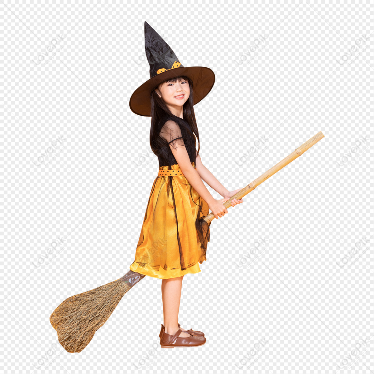 dia das Bruxas bruxa em uma vassoura, fofa pequeno bruxa menina