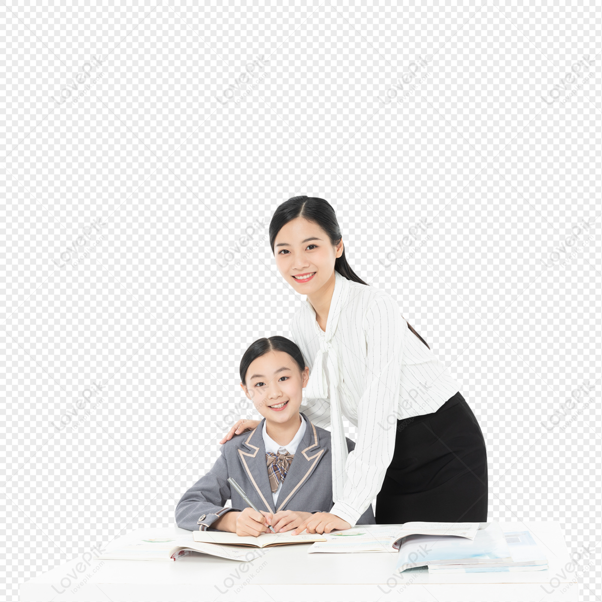 Teacher tutors young students to write homework, young, and homework, hobby png image