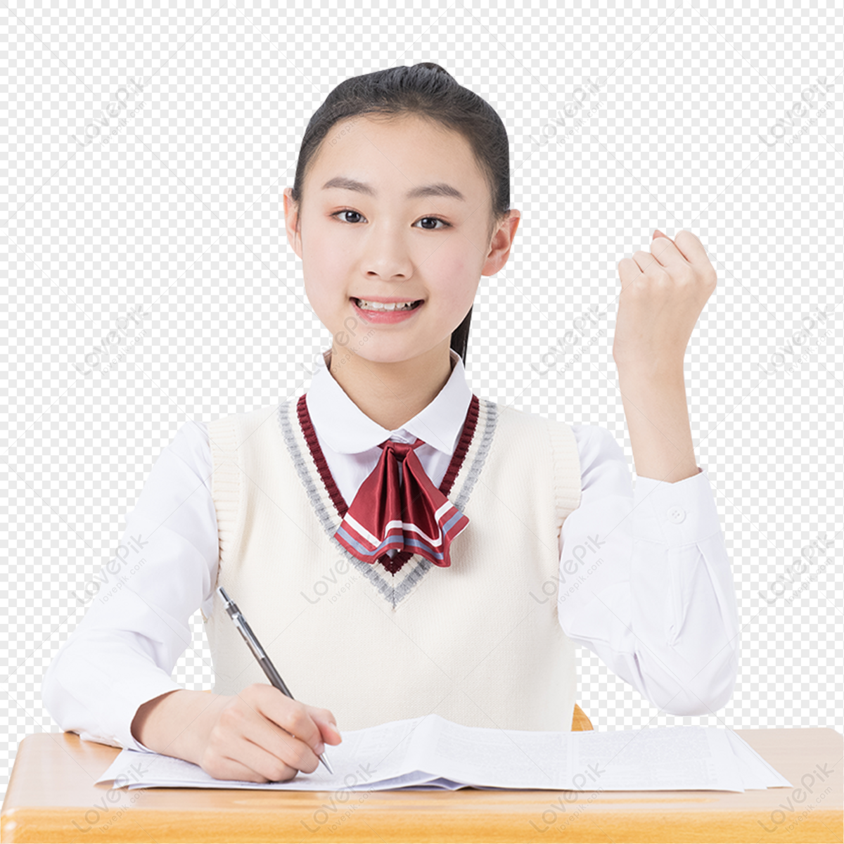 Middle school students in classroom learning and writing homework cheer hand gesture, and homework, gesture, classroom writing png transparent background