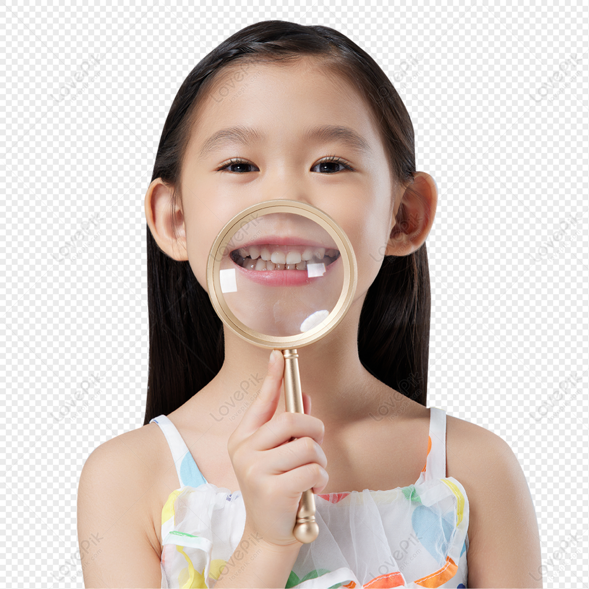 The Lovely Little Girl Examined Her Teeth With A Magnifying Glass