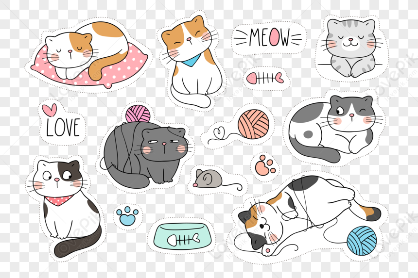 Vector Flat Hand Drawn Cute Cat Cartoon Sticker PNG Transparent ...