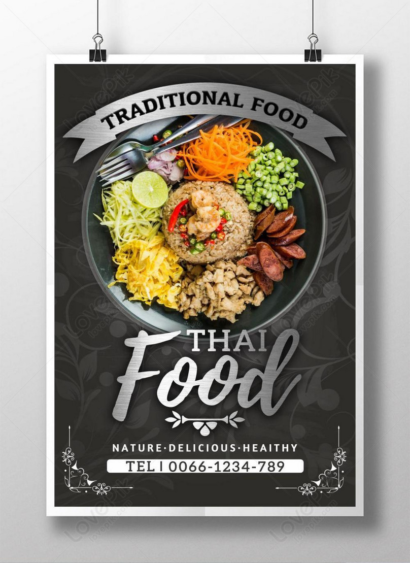 Thai Food Poster Template, thai food poster, delicious food poster, white gray s poster