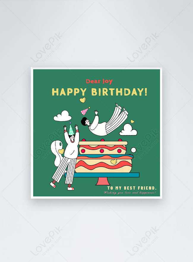 Cute Green Birthday Cartoon Cake Character Social Media Birthday Post Template, birthday templates, blessings templates, cartoon