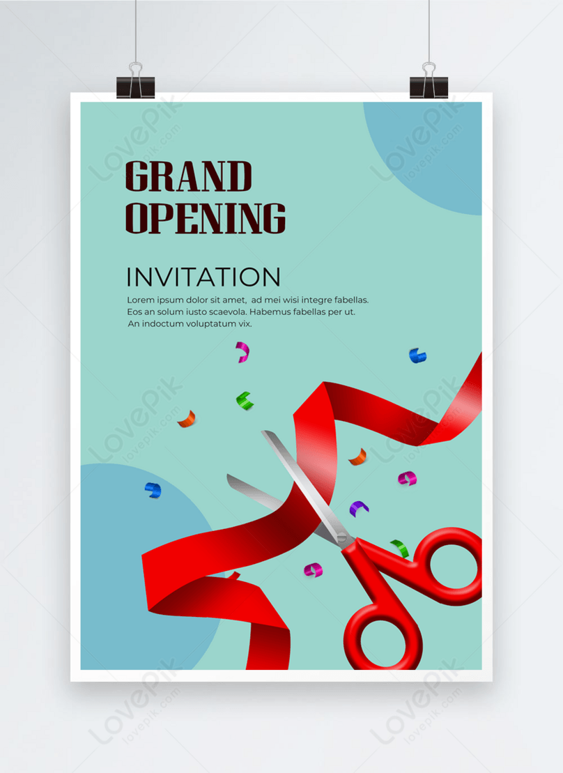 Teal background grand opening ribbon cutting poster template image_picture  free download 