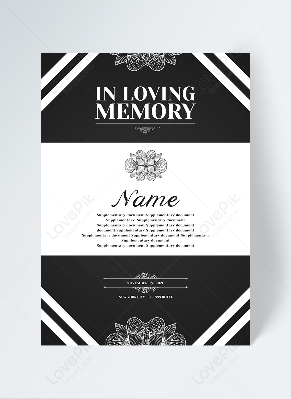 Low-key simple black and white background white flower card retro Intended For Funeral Invitation Card Template