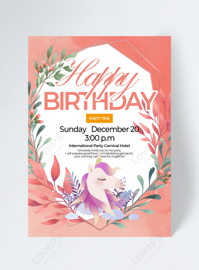 Birthday Invitation With Garland Unicorn Elements Template, party invitation, birthday invitation, cute invitation