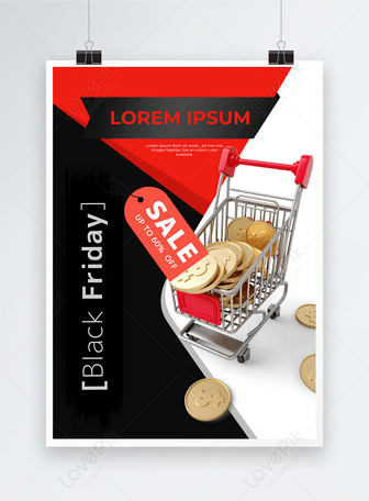 Black friday shopping cart poster, Gold coins,  shopping cart,  sale template