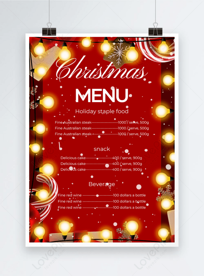 Christmas Lights Menu Design On Red Background Template, christmas menu, lighting menu, lights menu