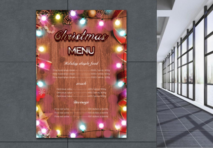 Mẫu Giáng sinh thiết kế menu ánh sáng trên nền bảng gỗ