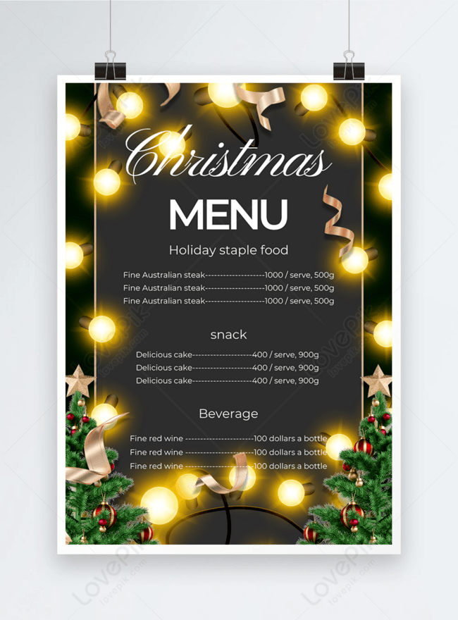 Hãy khám phá thiết kế menu ánh sáng Giáng sinh trên nền đen đầy màu sắc và ấn tượng. Hình ảnh sẽ mang đến cho bạn cảm giác như đang dạo bước trong lễ hội Giáng sinh. Để biết thêm chi tiết, hãy xem hình ảnh liên quan.