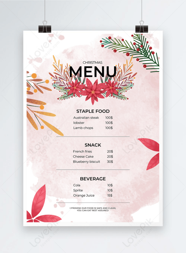 Ink Background Watercolor Christmas Menu Graphic Design Template, christmas menu, flower menu, menu
