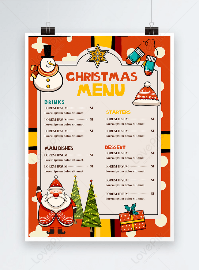 Christmas Cute Colorful Holiday Menu Template, children menu, hand painted menu, christmas decoration menu