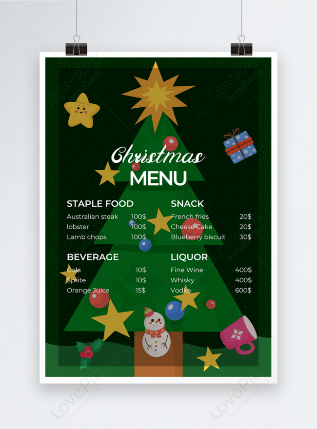 Cute Christmas Style On Green Background Template, christmas menu, cute menu, hand drawn menu
