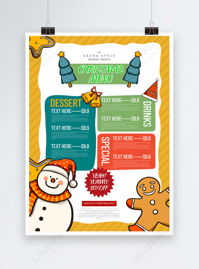 Stylish Cartoon Cute Christmas Menu Template, cartoon menu, christmas menu, color menu