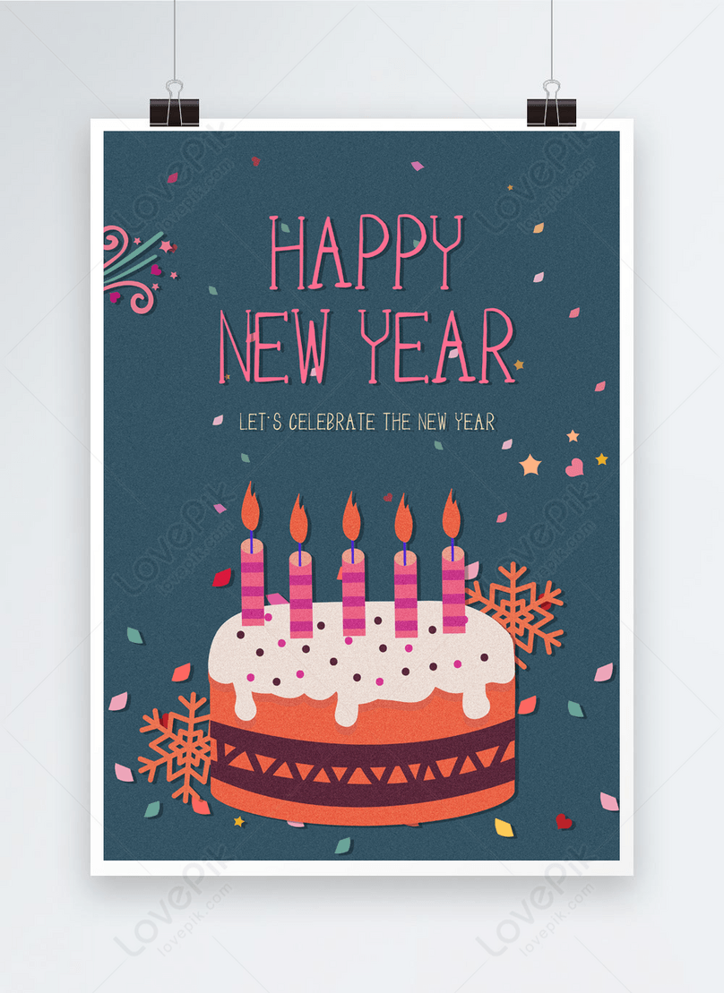 Blue cake candle snowflake new year happy poster template ...