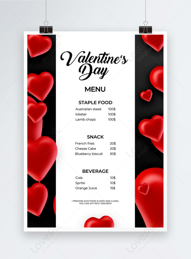 Bạn muốn tạo ra một menu Valentine độc đáo và đẹp mắt cho nhà hàng của mình? Hãy sử dụng những template menu Valentine thú vị của chúng tôi để tạo ra một menu ấn tượng và tạo sự khác biệt cho khán giả của bạn trong ngày lễ tình nhân này.