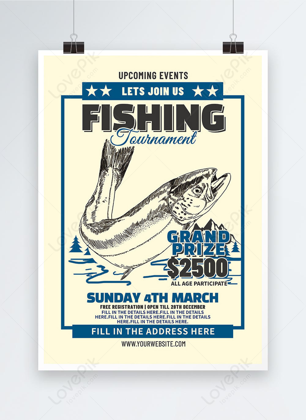 Simple retro blue line fishing competition poster template Throughout Fishing Tournament Flyer Template