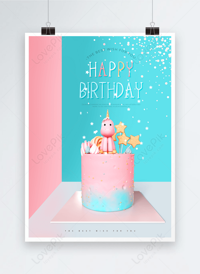 Cartel De Feliz Cumpleaños De Pastel De Cumpleaños De Unicornio Azul Rosa |  Descarga Plantilla de diseño PSD Gratuita - Lovepik