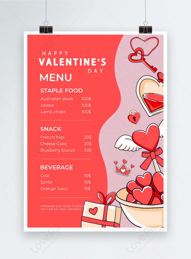 Bạn muốn có một mẫu menu hài hòa, đẹp mắt cho ngày lễ tình nhân? Hãy xem qua thiết kế mẫu menu này trên nền đỏ thắm! Bấm vào hình để tải về ngay.